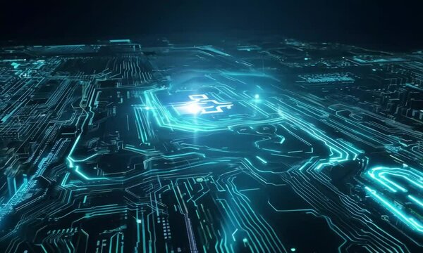 The image can be named Futuristic Digital Circuit Design with Blue Technology and Network Patterns