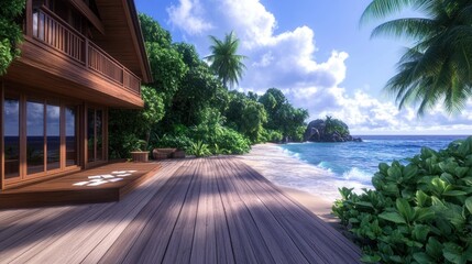 Fototapeta premium Beach Cabin Getaway Family Bonding and Relaxation with a Game of Cards on the Deck, Perfect for a Coastal Vacation
