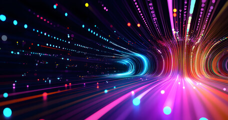 Electrical impulse, binary code. Futuristic wave. Neon Streaming. Data stream 3D illustration. Data funnel stream technology. Cyberpunk funnel