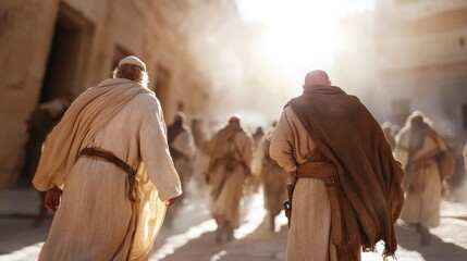 A group of individuals dressed in historical attire walk through a narrow, sunlit street, suggesting a journey or passage in an ancient setting reflecting human history.