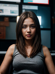 Cutting-edge portrait of brilliant female data scientist analyzing complex information, driving business insights.