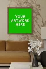 green screen canvas mockup Scandinavian modern Living Room with Abstract Wall Art and Cozy Chair