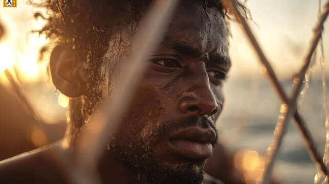 A contemplative man gazes thoughtfully, highlighted by the warm glow of sunset, capturing a moment of introspection amidst the backdrop of an ethereal atmosphere.