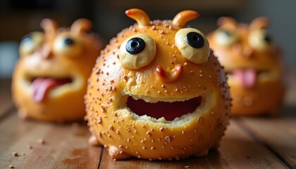 Colorful, playful monster-shaped bread rolls capture attention with their unique designs