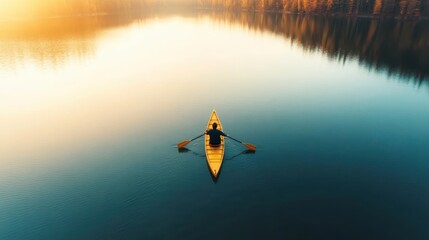 Fototapeta premium A canoeist elegantly glides on a serene lake surrounded by the vibrant colors of autumn, blending man and nature into a peaceful, meditative moment.