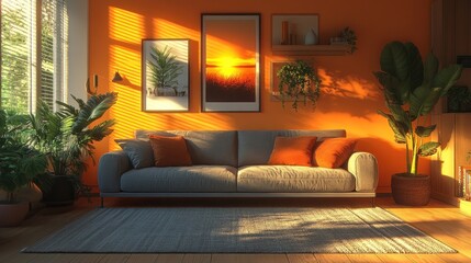 Cozy living room with plants and sunset-themed artwork.