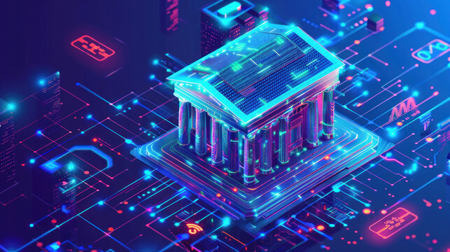 A high-tech banking system using AI, blockchain, and biometric security to enhance customer experience and safeguard transactions.