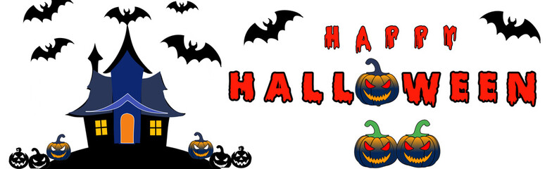 A vitch house full of horror scene, bats in sky, bloody font Halloween text on transparent background.