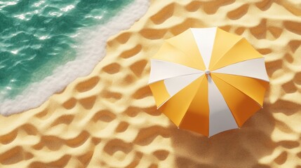 Naklejka premium Relaxing Beach Scene Beachgoers Lounge Under a Large Umbrella on Warm Golden Sand, Enjoying Tranquility and Summer Vibes