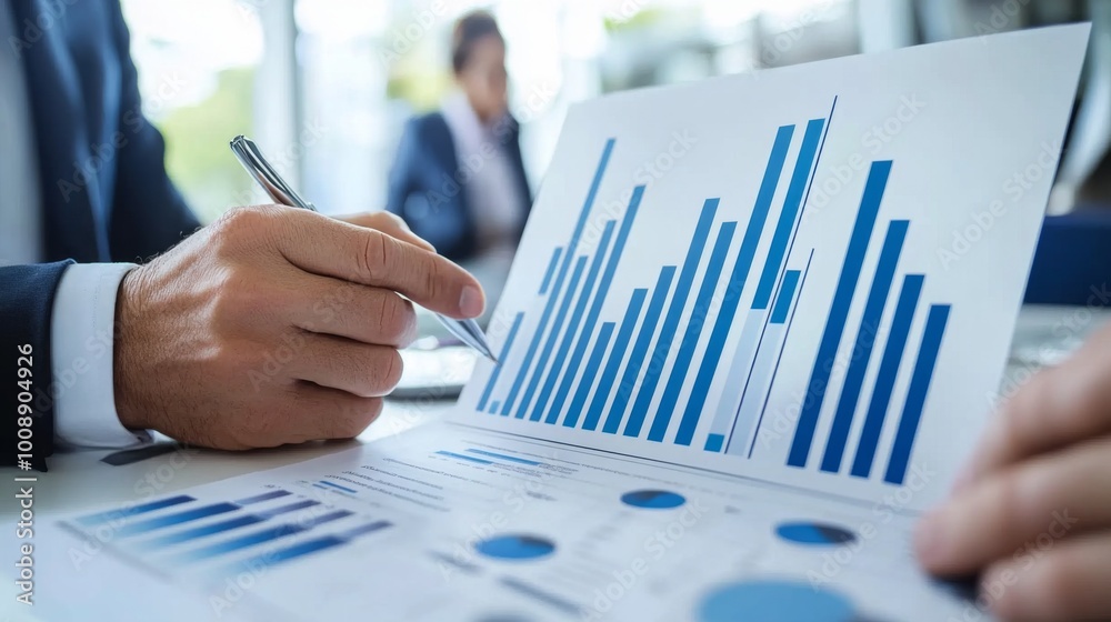 Poster Businessman Analyzing Data with Graphs and Charts