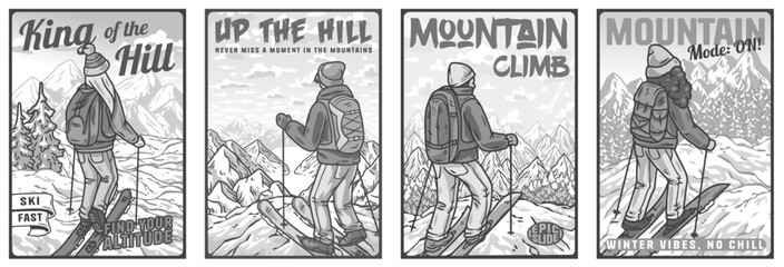 Four colorful illustrations featuring people skiing and enjoying the view of the snowy mountains, perfect for winter sports advertising and tourism marketing