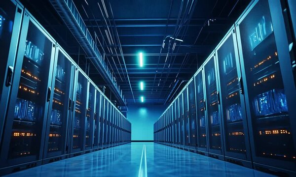 Server Room Interior with Blue Lights