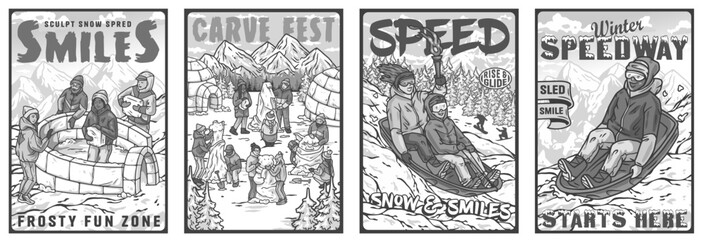 Set of four vintage posters with people sculpting an igloo, having fun in the snow, and enjoying a fast sled ride down a snowy mountain