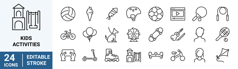 Set of kids activities icons. soccer, sword, roller skate. Vector Illustration