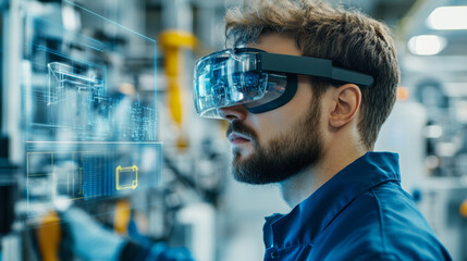 Innovative man using augmented reality glasses in modern industrial setting, engaged in high tech work. His focused expression reflects excitement of technology