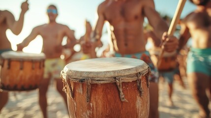 Shirtless drummers on a sandy beach beat the rhythm creating a lively and energetic atmosphere under the bright sun, conveying freedom and excitement.