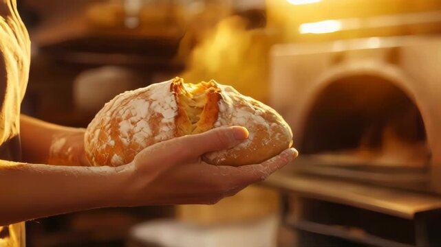 A freshly baked loaf of bread in the hands of a baker. The bread is still warm and golden brown, and the baker's hands are covered in flour. The image conveys a sense of warmth and comfort, and the