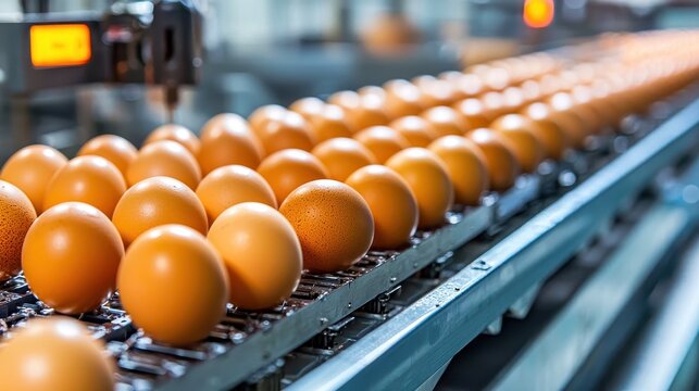 Fresh brown eggs on a conveyor belt in a modern poultry processing facility.