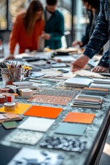 Obraz premium A team of designers collaborating on a mood board, with materials and color swatches spread out on a large table