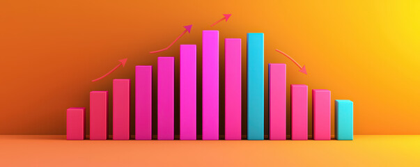 Obraz premium Vibrant bar charts illustrate sales data analysis with upward and downward trends, showcasing growth and decline in visually engaging manner