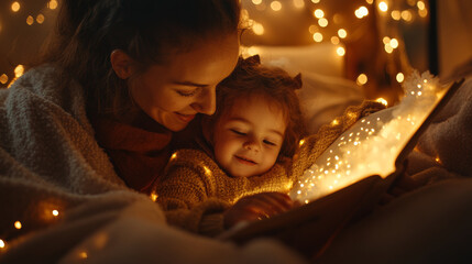 Cozy mother and daughter reading book together, surrounded by warm fairy lights, creating magical and heartwarming atmosphere