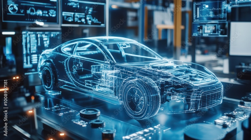 Poster a digital wireframe of a car in a modern factory setting