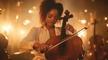 Fototapeta premium A gifted cellist is caught in a moment of musical immersion, playing passionately on stage. The glow from the soft, warm lights enhances the expressive ambiance.