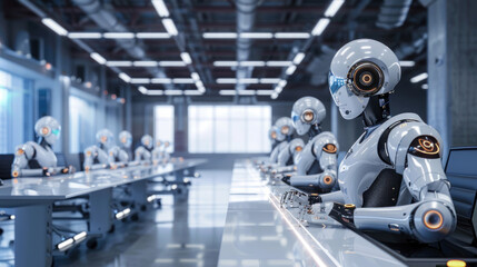 Fototapeta premium A high-tech workplace featuring robotic assistants, AI-driven communication tools, and automated workflows to improve productivity.