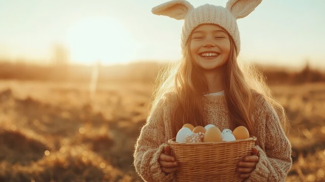 A young girl adorned with bunny ears is thrilled, holding an Easter basket outdoors. Her jubilant expression complements the beautiful sunrise and festive ambiance.