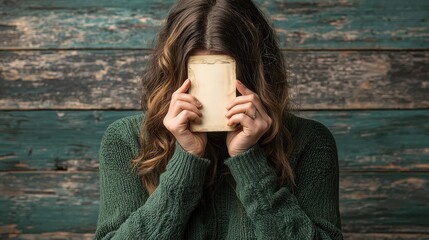 Woman covers her face with a book, creating a sense of mystery and introspection against a rustic wooden background.