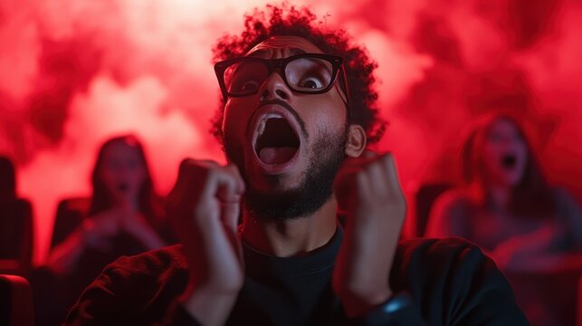 A man with curly hair, glasses, and a look of terror screams in a theater filled with glowing red light, completely engrossed in the intense moment of a horror scene unfolding.