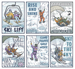 Set of posters featuring men and women enjoying winter sports like ice climbing and parasailing against snowy mountain landscapes