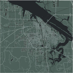 Map of Decatur in Alabama in a smooth dark style. Contains layered vector with roads water, parks, etc.