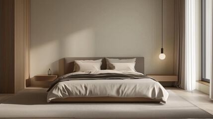 A minimalist bedroom featuring soft, neutral bedding with a single folded blanket as the main element. No additional decor or furniture clutters the space, creating a calm, serene vibe