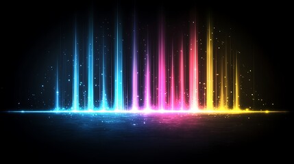 Abstract colorful light beams on black background with glowing particles.