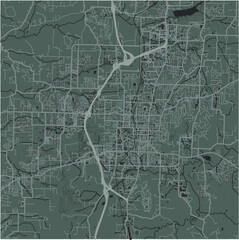 Map of Fayetteville in Arkansas in a smooth dark style. Contains layered vector with roads water, parks, etc.