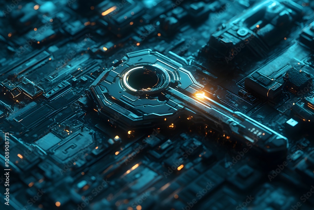 Poster Futuristic circuit board with glowing elements and intricate design.