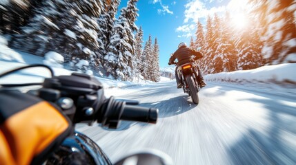 A thrilling view from a motorcycle as the rider navigates a snowy forest road under bright sunlight, emphasizing winter adventure and the thrill of motorbiking.