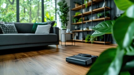 A sleek robot vacuum maneuvering through a contemporary living room with lush greenery and a large window view, reflecting advanced home tech integration.