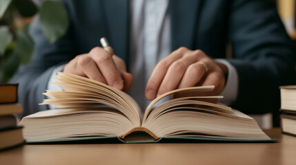 A person is engaged in writing notes in an open book, surrounded by stacks of books. scene conveys sense of focus and intellectual pursuit