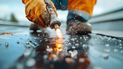 A dramatic close-up view of sparks flying as a construction worker operates a welding torch on a rooftop, emphasizing craftsmanship under challenging conditions.