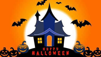 Halloween night horror pumpkin in front of vitch house bloody font text greeting card or banner design, also full moon in background.