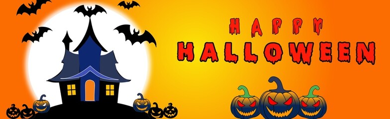 Halloween night horror pumpkin in front of vitch house bloody font text greeting card or banner design, also full moon in background.