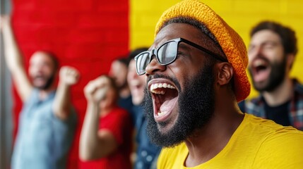 Fototapeta premium Amidst a cheering crowd, individuals in bright yellow attire and headwear express exuberance and unity, energized by the colorful setting of their surroundings.