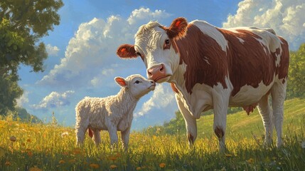 Tender Moment Between Cow and Calf in Nature