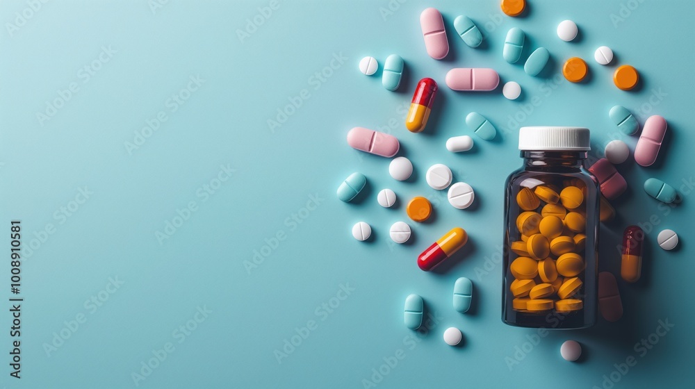 Wall mural top view of medicine bottle with scattered pills on colorful background. empty jar, medication, trea
