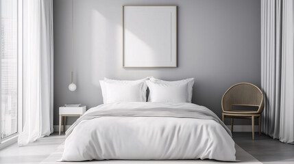 Minimalist bedroom with soft gray walls, one simple framed artwork above the bed, and white bedding. No side tables or extra decor