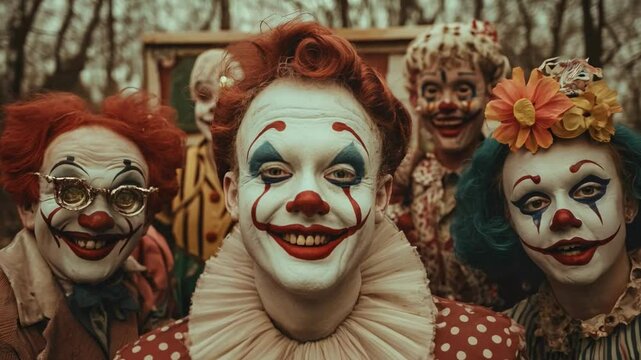 A group of cheerful clowns in colorful costumes and makeup smile for the camera outdoors, featuring bright face paint, exaggerated expressions, and vintage clothing

