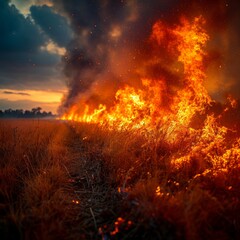 A dramatic scene of wildfires burning through tall grass. Nature shows its unpredictable power. The fiery colors contrast with the dark sky. Generative AI