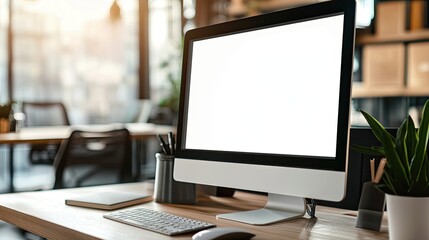Fototapeta premium A white computer monitor close up on a table with copy space, a coffee mug, and a pen holder